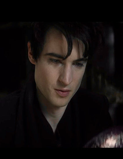 Portrait of Tom Sturridge as the Sandman. But smiling at a dragon egg which looks a bit like an avocado