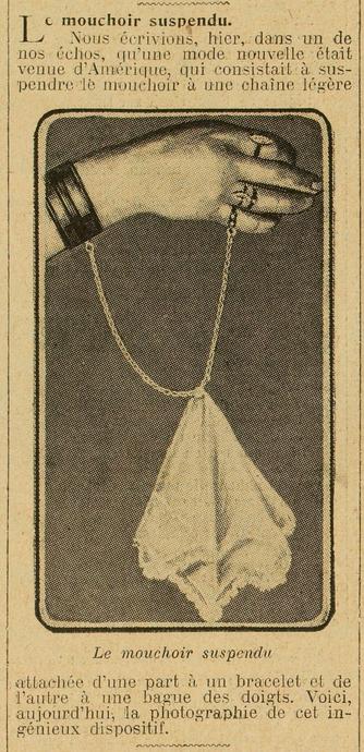 Présentation d'un invention (?) une mouchoir suspendu tenu par une chaine entre le bracelet et une bague. Avec image à l'appui.C'est un peu con si vous voulez mon avis.