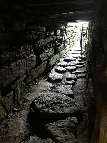 The passage way is long and low. Light comes in through the tiny gated entrance.