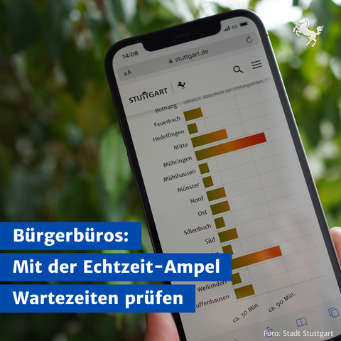 Echtzeit-Ampel zeigt mobil auf einem Smartphone mit farbigen Balken die jeweilige Wartezeit in den Bürgerbüros an, Text auf Bild: Bürgerbüros, Mit der Echtzeit-Ampel Wartezeiten prüfen
