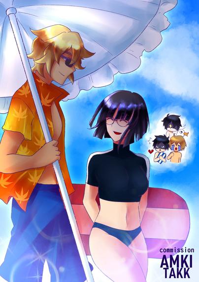 Durarara fanart. Shizuo and Anri in their respective swimwear chatting on the beach. In the background, Izaya, Mikado, and Kida can all be seen in various states of discontent and/or heartbreak.