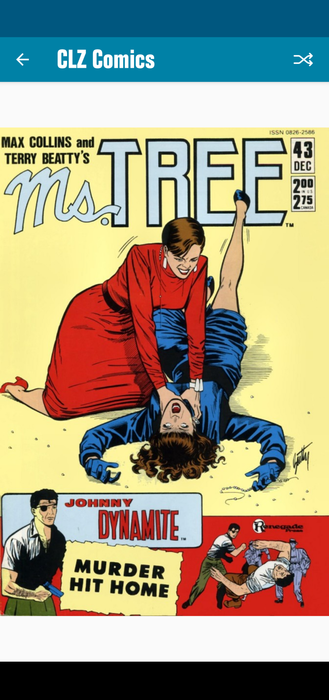 Dominique Muerta, dressed in red has Ms. Michael Tree, dressed in blue pinned to the ground as she chokes her. Tree has her right where she wants her. Insert action shots of Johnny Dynamite, P.I.