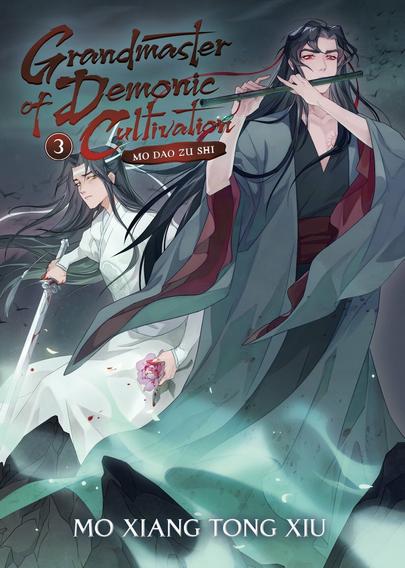 The cover of Grandmaster of Demonic Cultivation (Mo Dao Zu Shi) Vol. 4 by Mo Xiang Tong Xiu. It features Wei Wuxian in the foreground dressed in dark grays, blacks, and reds, playing his flute. Behind him, Lan Wangji is looking at him worriedly, his right hand holding his sword, while in his left he is holding a pink flower. Both his hands are bloodied, so that the handle of his sword is covered in blood that drips down the blade, and the flower's petals are also smeared with blood.