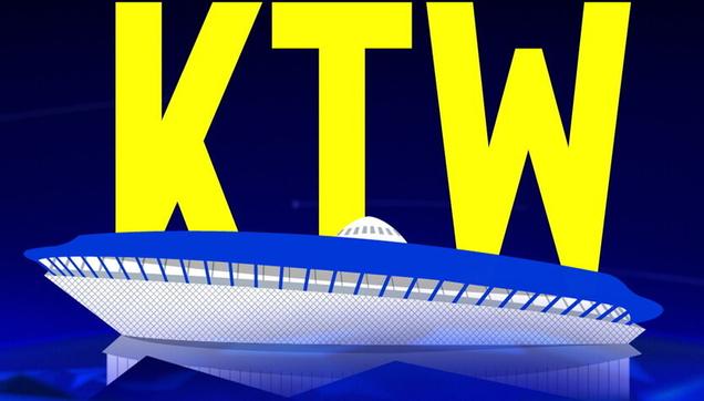 grafika IEM Katowice - zółte litery KTW na niebieskim tle, pod nimi grafika symbolizująca halę Spodek w niebiesko-białej tonacji