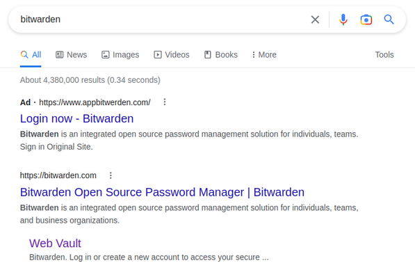Google search for "bitwarden" resulting in a malicious ad.