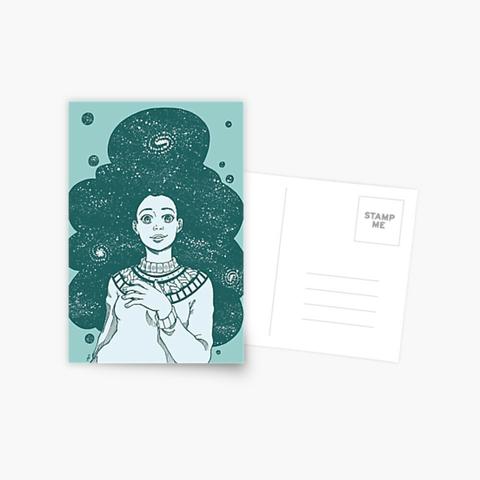 Postcard. Womand with stars and galaxies in her hair. Green.