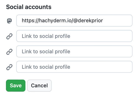 The social account editing UI as seen on a GitHub profile. Four text fields, each with an adjacent icon that updates appropriately for platforms that are in popular use on GitHub.