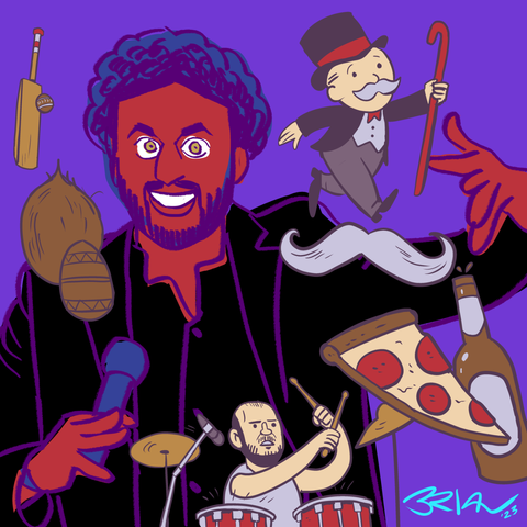 A rough purple line drawing of Nish with a microphone, gesturing with the other hand. Floating around him are nods to his jokes including a cricket bat and ball, a coconut and chocolate easter egg, the drummer from Coldplay, a pizza and an open beer, a twirled grey moustache and the Monopoly Man. The whole thing has an odd colour palette with Nish having red skin, blue hair on a bright purple background. The objects outlined in dull purple grey, coloured with brown, dull red, peach, light grey and orangey-brown.
