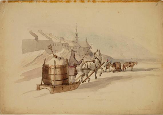 Wintry view of two horse drawn sleds on a solid, icy river. Each sled carried a large wooden cask containing snow.