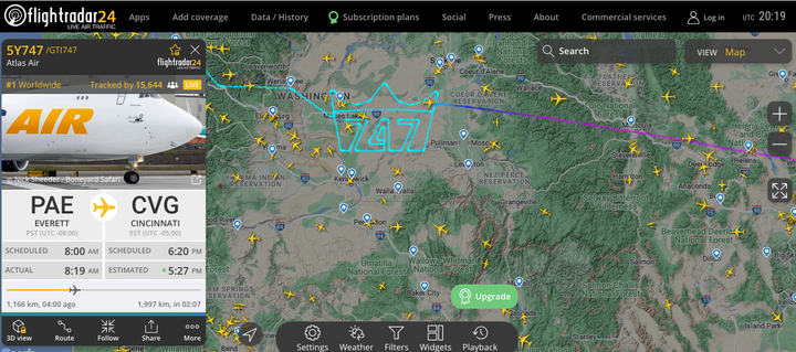 Screenshot of the flight path of a 747 plane. The flight path spells out "747" with a design around it.