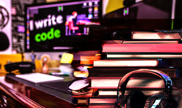 Desk with a stack of books, paper, and a computer monitor with an image that reads "I write code"