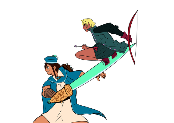 Jo balancing on Emily's sword as if they are just about to jump into battle.