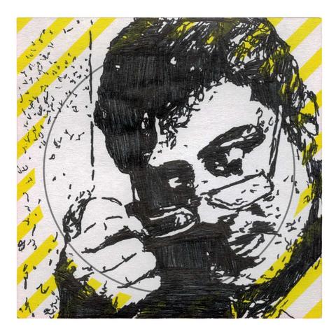 Pen drawing of Walter Flanagan wearing glasses and staring obsessively at an egg in his hands drawn on a yellow striped Post-It note.
