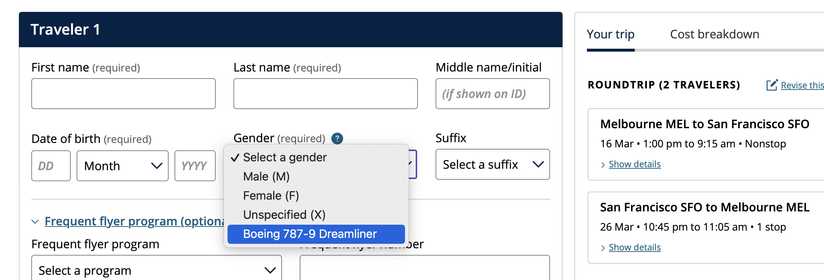 A "traveler information" form on United's website, with "Boeing 787-9 Dreamliner" in the list of possible genders.