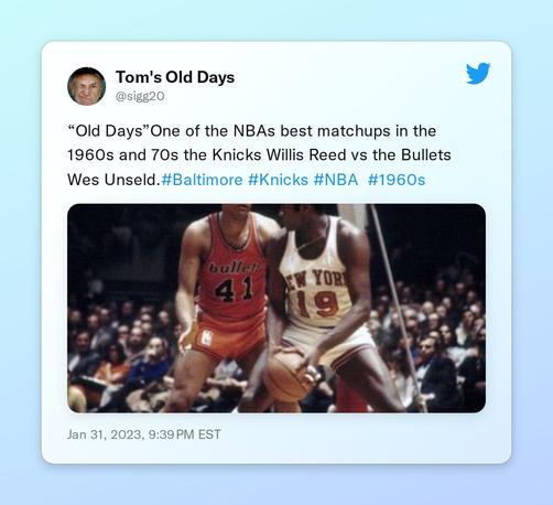 “Old Days”One of the NBAs best matchups in the 1960s and 70s the Knicks Willis Reed vs the Bullets Wes Unseld.#Baltimore #Knicks #NBA  #1960s https://t.co/iQLm4XFwok
