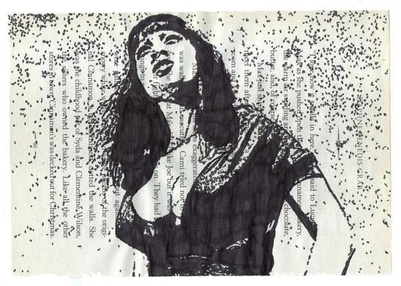 Pen drawing of Tura Satana scowling drawn on a torn out book page.