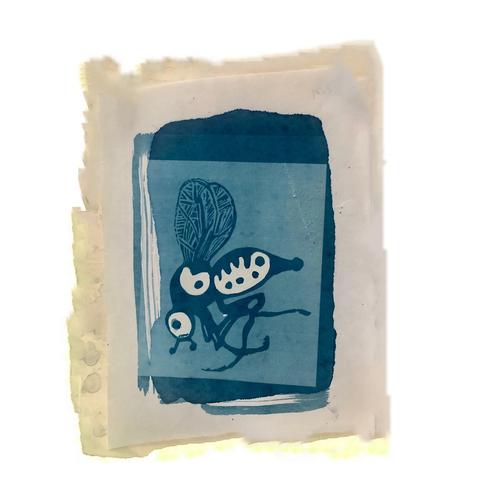 Cyanotype print of a wasp based on a simplified linocut