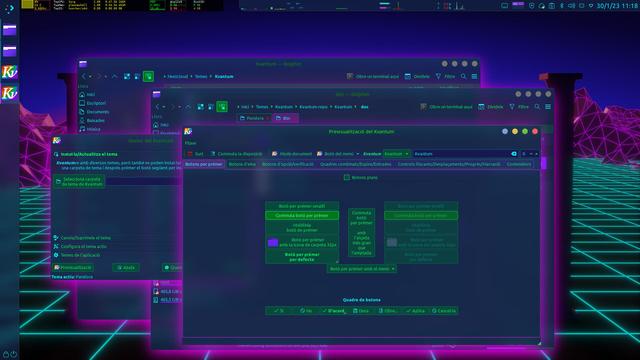 Screenshot of full desktop with Pandora Kvantum theme applied. It is a dark theme, with blueish backgrounds, purple accents and greenish buttons. As background, a synthwave or retrowave 80's "futuristic" aesthetics, with a cyan 3D grid, 3D mesh magenta mountains and a twilight sky.