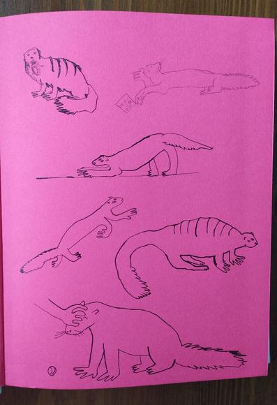 Children's drawings of Gef the Talking Mongoose in various poses, including enjoying some chocolates and having his head stroked.