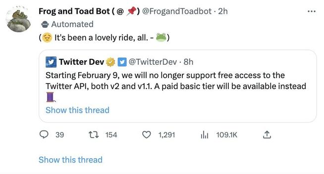 Frog and Toad Bot ( @ 📌)
@FrogandToadbot
(😔 It's been a lovely ride, all. - 🐸)