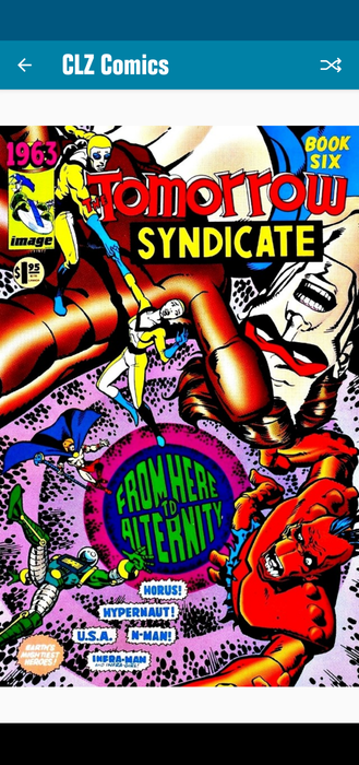 The "1963" comic book characters group "The Tomorrow Syndicate" (Horus, Hypernaut, U.S.A., N-Man, Infra-Man and Infra-Girl) floating through space.