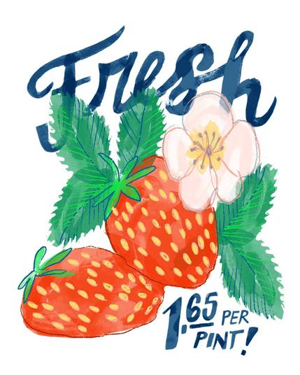 A drawing of two large ripe strawberries with leaves and a pink-white flower. Above the berries, blue cursive lettering says “Fresh,” and more blue lettering in the lower right lists an unrealistic price, “1.65 per pint.”
