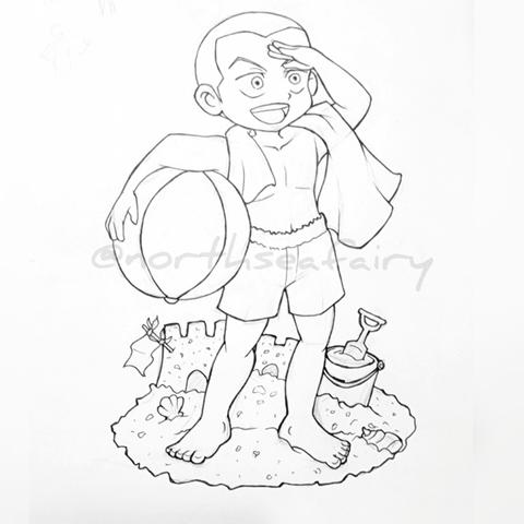 A lineart of chibi Connie Springer from Attack on Titan. He's in swim trunks, with a towel draped around his neck, and a beach ball under one arm. His other hand is raised to shield his eyes from the sun as he grins into the distance. There's a sand castle and bucket at his feet. He's ready for a vacation!