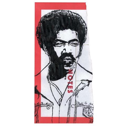 Pen drawing of Michael Jai White in stylish 70s clothing drawn on a torn weekly planner.
