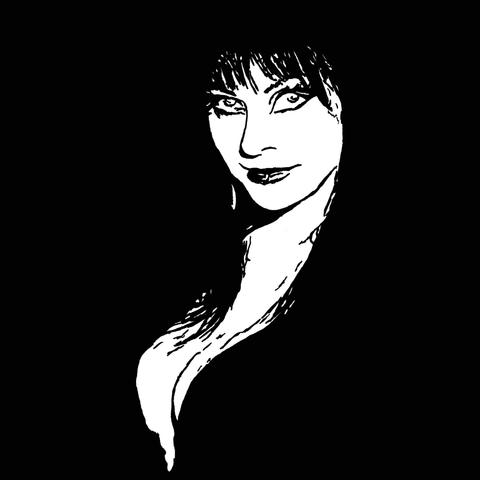 Pen drawing of Elvira smiling drawn on a black background.