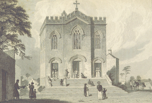 An 1837 print of St Peter's Roman Catholic Chapel and free schools, Circular Road, Phibsborough, Dublin, Ireland. The chapel is in the center background, and members of the public are on the street and on the steps.