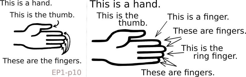 Two line drawing of hands from page 10 of I.A. Richards's English Through Pictures, page 10. The hand on the left side has the text from the book:
This is a hand.
This is the thumb.
These are the fingers.

The hand on the right side makes addition to the original text with the sentences:
This is a finger.
This is the ring finger.
These are fingers.

All the sentences are accompanied by arrows to the appropriate part of the hand.