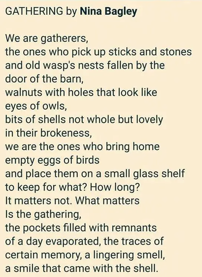 GATHERING by Nina Bagley

We are gatherers,

the ones who pick up sticks and stones and old wasp's nests fallen by the door of the barn,

walnuts with holes that look like

eyes of owls,

bits of shells not whole but lovely

in their brokeness,

we are the ones who bring home empty eggs of birds

and place them on a small glass shelf to keep for what? How long?

It matters not. What matters

Is the gathering,

the pockets filled with remnants

of a day evaporated, the traces of certain memory, a lingering smell,

a smile that came with the shell.