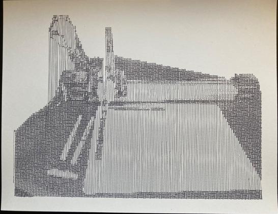 A pen plotter drawing of an axidraw pen plotter made of connected squiggles of varying density.