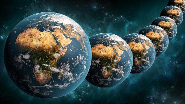 illustration of row of Earths in space, with Africa in the foreground - deposit photos