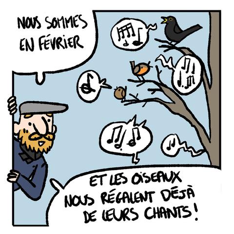 Vilain : Nous sommes en février, et les oiseaux nous régalent déjà de leurs chants.
Plusieurs oiseaux, perchés sur un arbre, entonnent leurs chants de parade, figurés par des notes de musique approximativement dessinées.