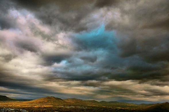 Incredibly colored sky of storm clouds as viewed on Mill Mountain in Roanoke Virginia