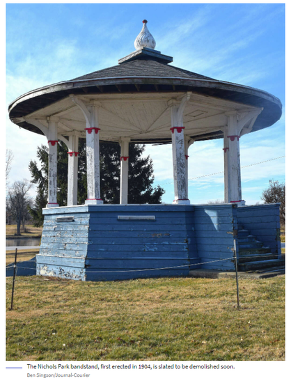 photo of The Nichols Park historic wooden bandstand structure, to be demolished soon in Jacksonville Illinois
