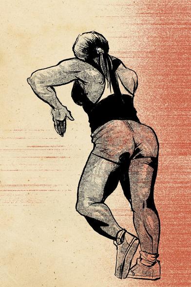 A drawing of a muscular woman, leaning against an invisible weight rack.