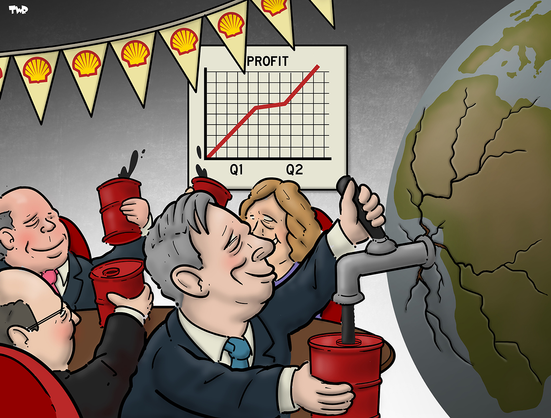 We see Shell's executive having fun drinking from their oil barrels being filled from their world keg by their CEO at a celebration of super-profits graph