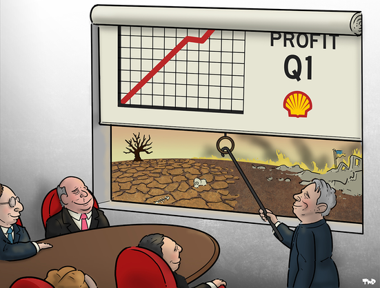 We see the Shell board's presentation: CEO brings down a soaring graph of PROFIT Q1 over a whiteboard visual presentation of a planet that has been destroyed by climate change.
