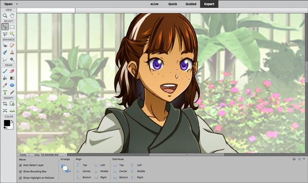 Screencap: Photoshop workspace of a work in progress image of a cheerful halfling woman in a leather vest.