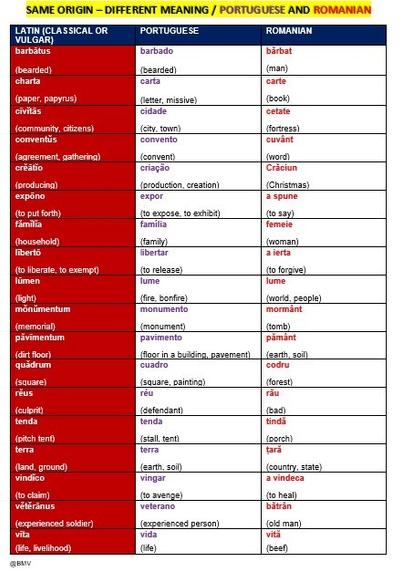 Chart showing some words in Portuguese and Romanian that share the same etymology (Latin) but have acquired different meanings in those modern languages. For example, expor (Portuguese) and a spune (Romanian) derive both from Latin expono/exponere but Portuguese expor means "to expose", while Romanian a spune means "to say".