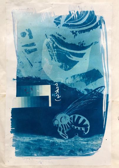 A cyanotype print showing a drawing of a wasp within an abstract landscape. A range of blues cyan with some white
