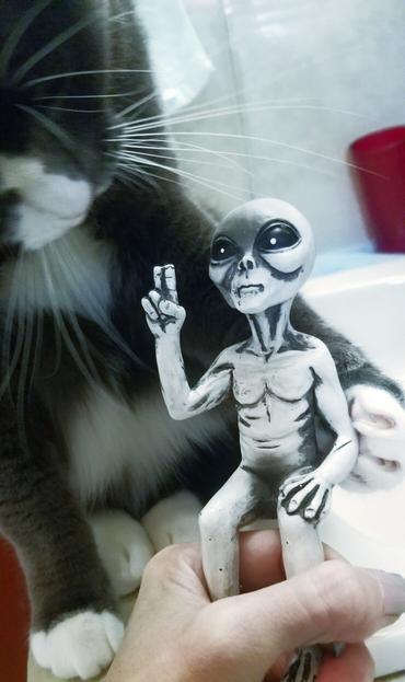 My gray tuxedo cat on bathroom sink, pawing at mini alien figurine.