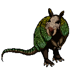 Sabertooth armadillo standing on its back legs with a green tint