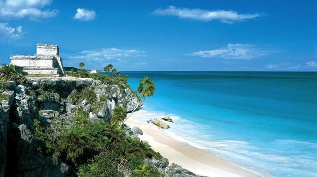 Maya temple by the Caribbean Sea in Tulum, State of Quintana Roo, Mexico.