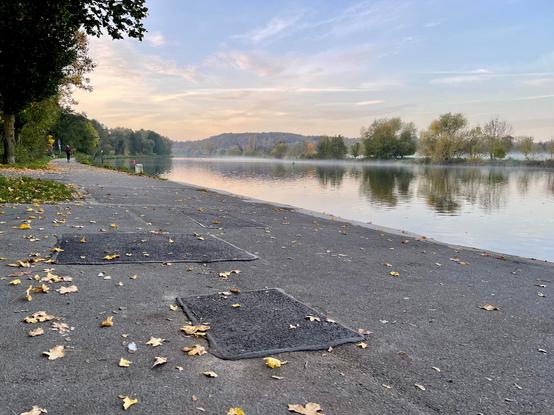 Auf dem Leinpfad sind einige der Ausbesserungsstellen zu sehen. Herbstlaub liegt auf dem Pfad. Morgennebel liegt noch auf der Ruhr und den Auen. Gänse schwimmen in der Ferne. Eine einsame Joggerin läuft. Foto-Zeit: 2022-KW43