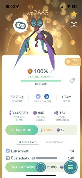 Screenshot von Pokémon Go. Mein 100%, entwickeltes eF-eM Glücks Pokémon.