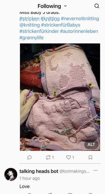 Two sequential posts in my timeline: A cross stitch showing a teddy bear and the word “Love” and a Talking Heads lyric bot post reading “Love.”