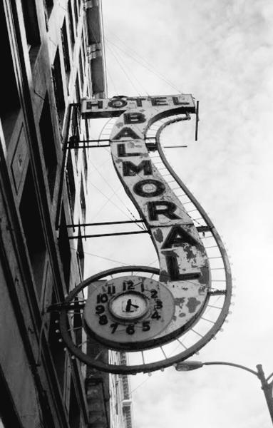 Old photo of Balmoral Hotel sign, in Vancouver's DTES. Black and white photo. Taken in 1999.